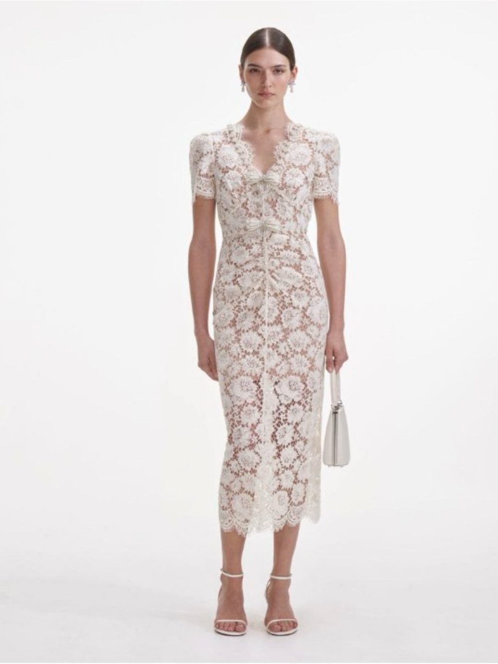 Self-Portrait Cream Fine Lace Pearl Midi Dress | Size 8 | NWOT | $615 Retail